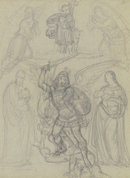 Das Jesuskind mit Kreuz und dem Lamm von zwei Engeln und zwei Heiligen verehrt d