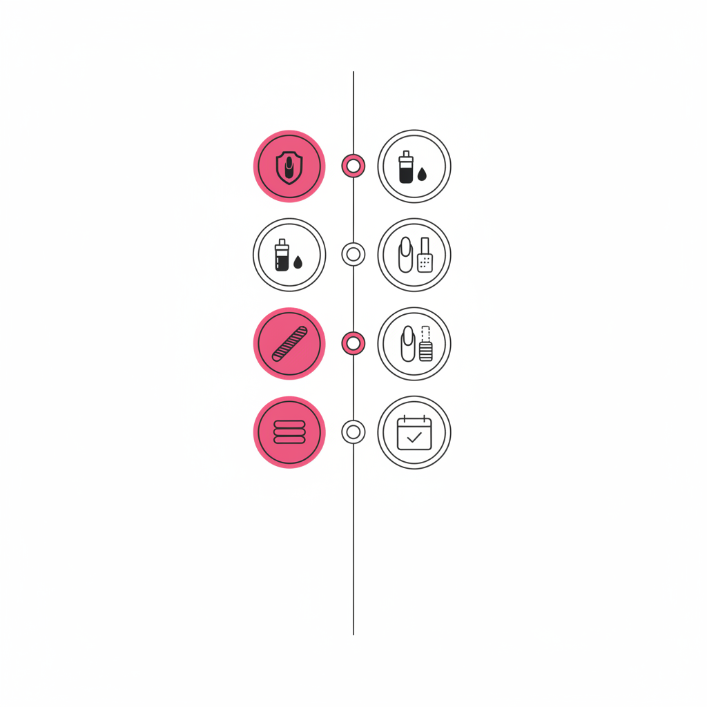 Vertikale 6‑Wochen-Timeline mit minimalistischen Vektor-Icons zur Pflege für Fingernägel: Schutz, Öl, Feilen, Lackpause, Aufbaukur, Salon-Check in NailX-Farben.