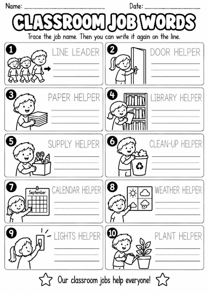 Classroom Jobs Vocabulary Worksheet