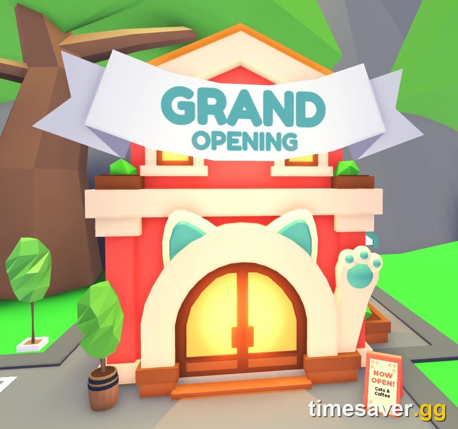 The Cat Cafe building exterior in Adopt Me with its Grand Opening banner