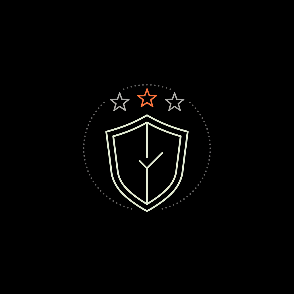 Minimal 2D vector infographic of a shield with three stars and an orange accent symbolizing reputation protection to remove negative Google review.