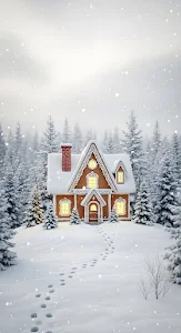 Cozy Gingerbread House in Snowy Winter Pine Forest Scene