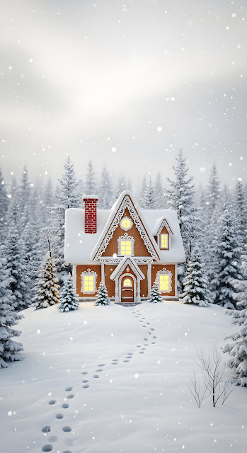 Cozy Gingerbread House in Snowy Winter Pine Forest Scene - Free mobile Wallpaper