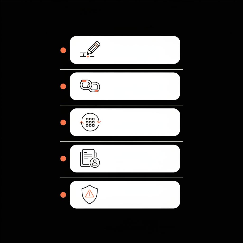 Minimal 2D vector checklist infographic on black background showing five icons for verifying spelling, mutuals, contact sync, cached pages, and report — find Instagram username