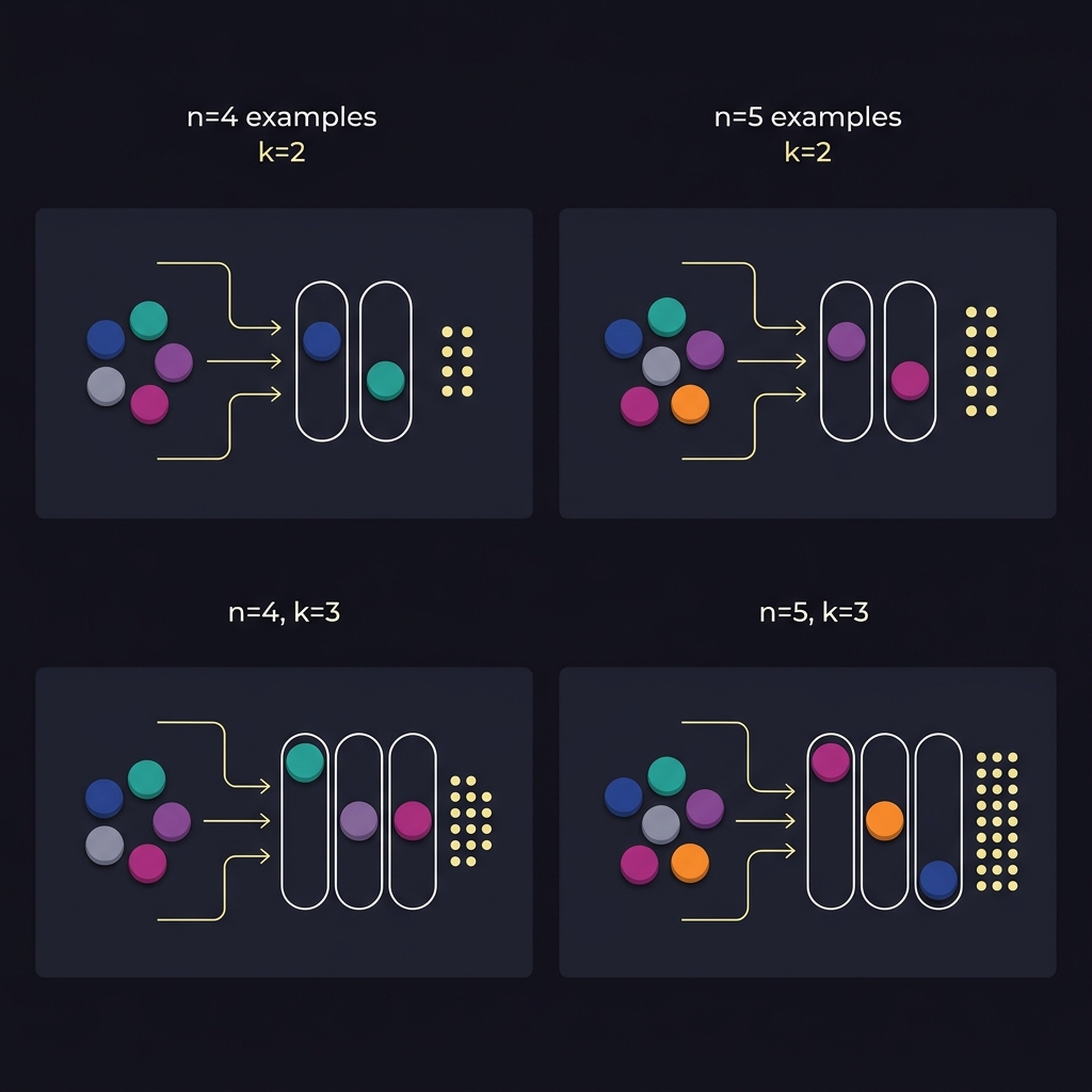 Minimalist 2D vector infographic showing permutations Pn2 and Pn3 with visual pools and ordered slots for n 4 and n 5 and dot clusters representing counts 4 horse boxed trifecta cost
