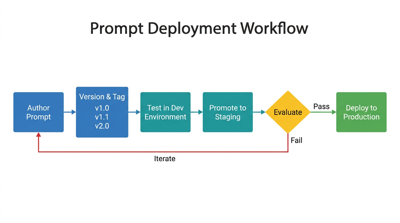 Process flow diagram showing a prompt deployment workflow from authoring through versioning, testing, staging, evaluation, to production deployment