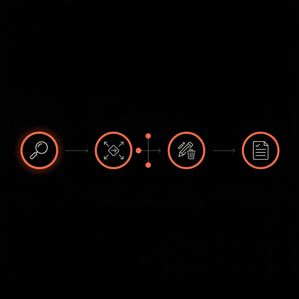 Minimal 2D vector flowchart with four icons (magnifying glass, decision split, pencil/trash edit-delete, document) connected by arrows illustrating how to delete a review you posted on a black background.