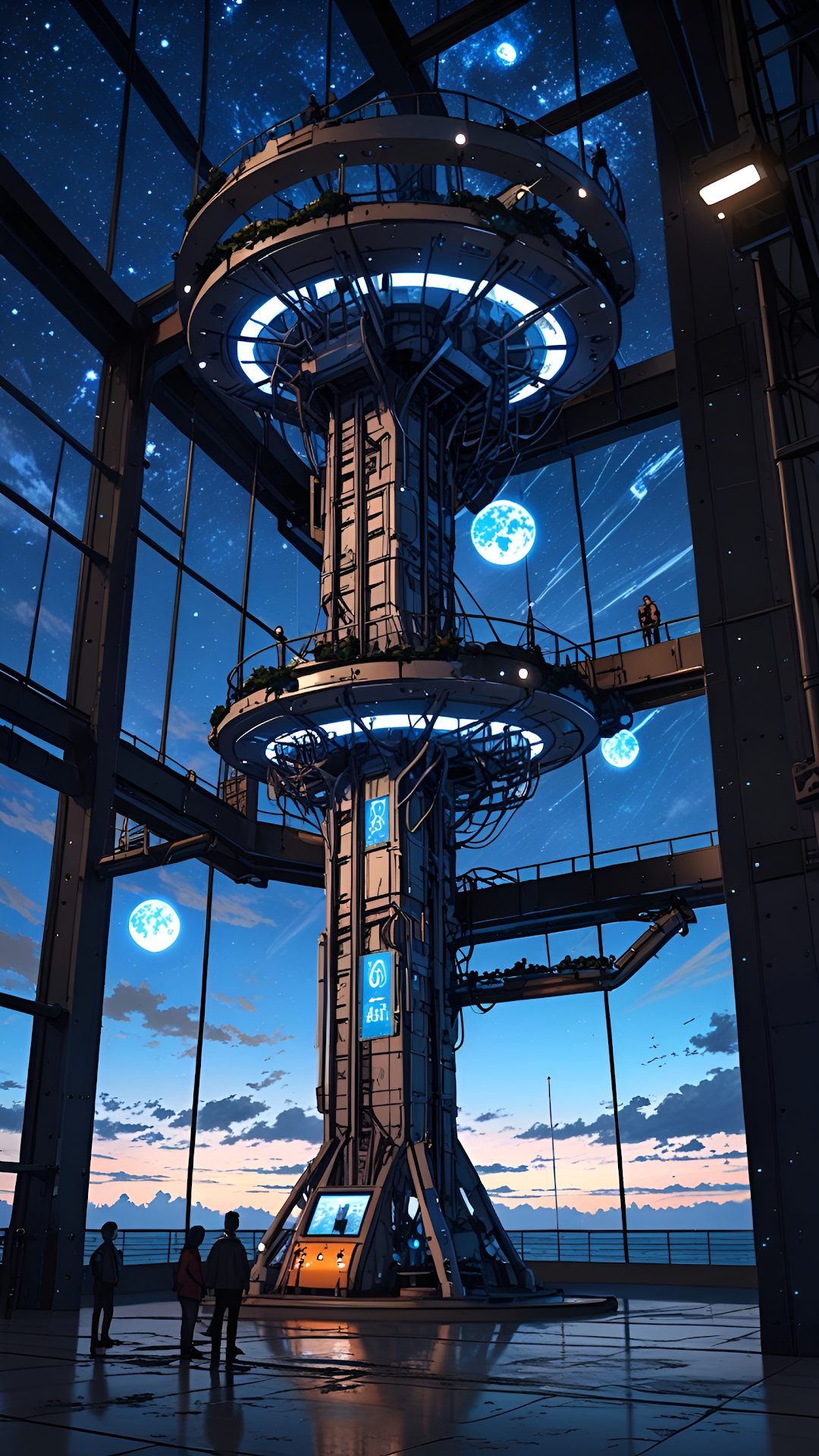 Futuristic Space Station Atrium with Glowing Blue Moons - Free 4K mobile Wallpaper