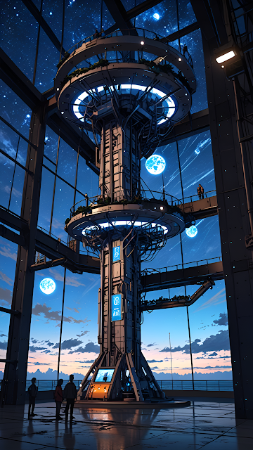 Futuristic Space Station Atrium with Glowing Blue Moons - Free mobile Wallpaper