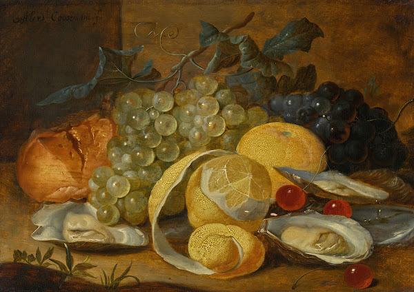 Still life with lemons oysters and cherries