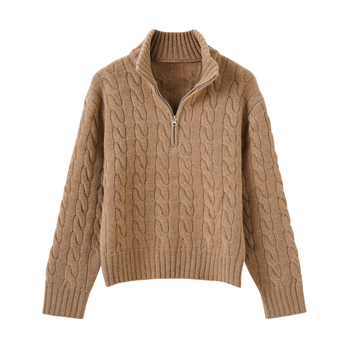 Zopfmuster-Strickpullover mit Reißverschluss und Stickerei