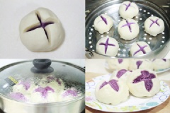 Dùng dao khía hình chữ X trên mặt bánh vừa nặn sao cho nhìn thấy lớp nhân tím ở trong. Đặt bánh vào xửng hấp, hấp khoảng 20 phút thì lật ngược lại và hấp thêm 15 phút nữa rồi tắt bếp. Sau khi tắt bếp, không gắp bánh ra luôn mà đậy nắp đợi 3-5 phút nữa mới bỏ ra.
