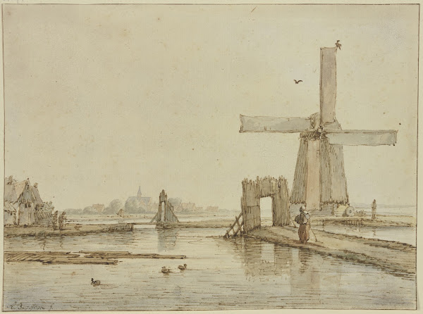 Windmühle auf einem schmalen Damm vorne drei Enten