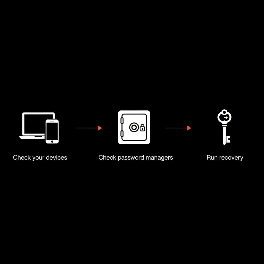 Minimal three-step infographic for gmail password recovery showing check devices, check password managers, and run recovery with vector icons on a black background.