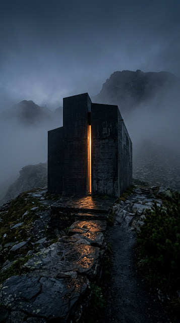 Cinematic Black Concrete Chapel in Fog Wallpaper - Free mobile Wallpaper