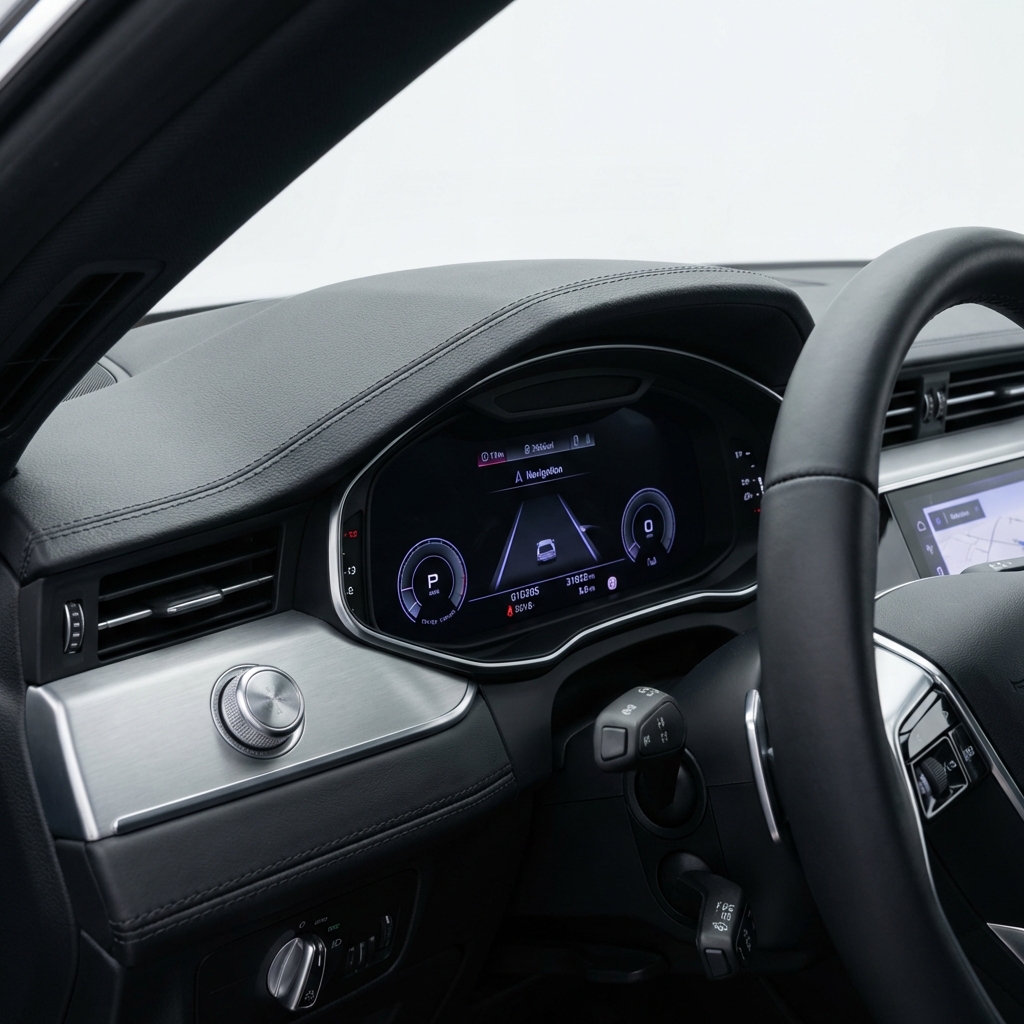 Close up of Audi dashboard and digital instrument cluster highlighting material textures and infotainment screen for audi car dealership near me