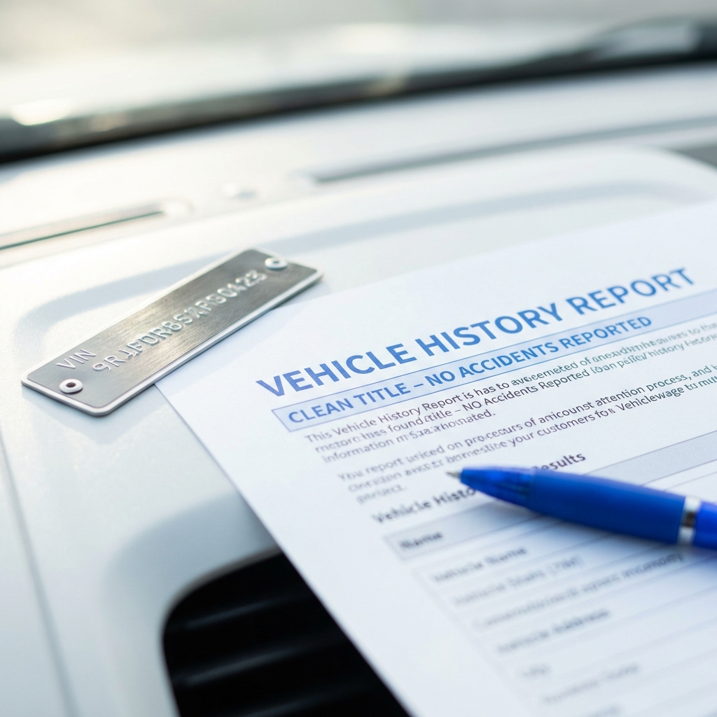 Close up of vehicle history report printout beside Volkswagen VIN plate on dashboard with pen for scale clean white background blue accents vw car dealers near me