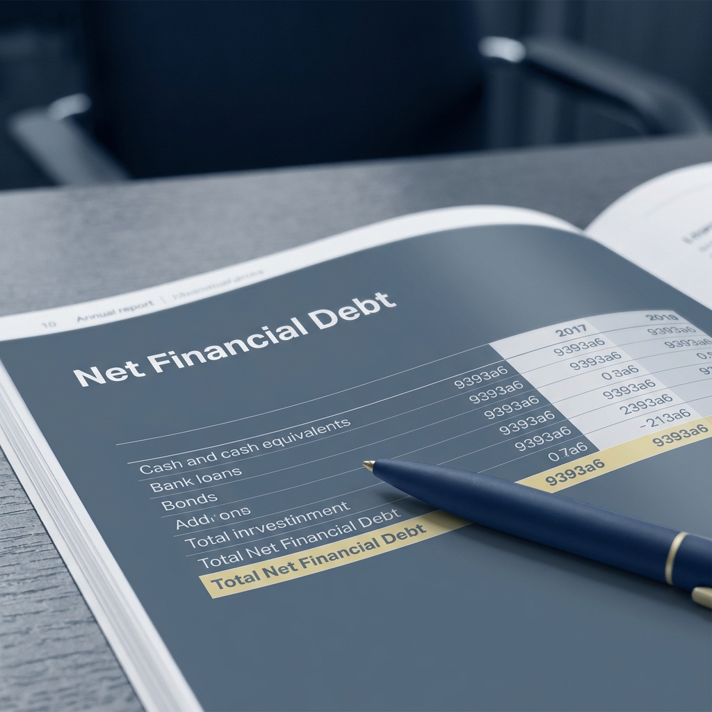 Close up of a printed annual report net financial debt table with a pen marking figures minimalist Funded Plays style benfica prediction
