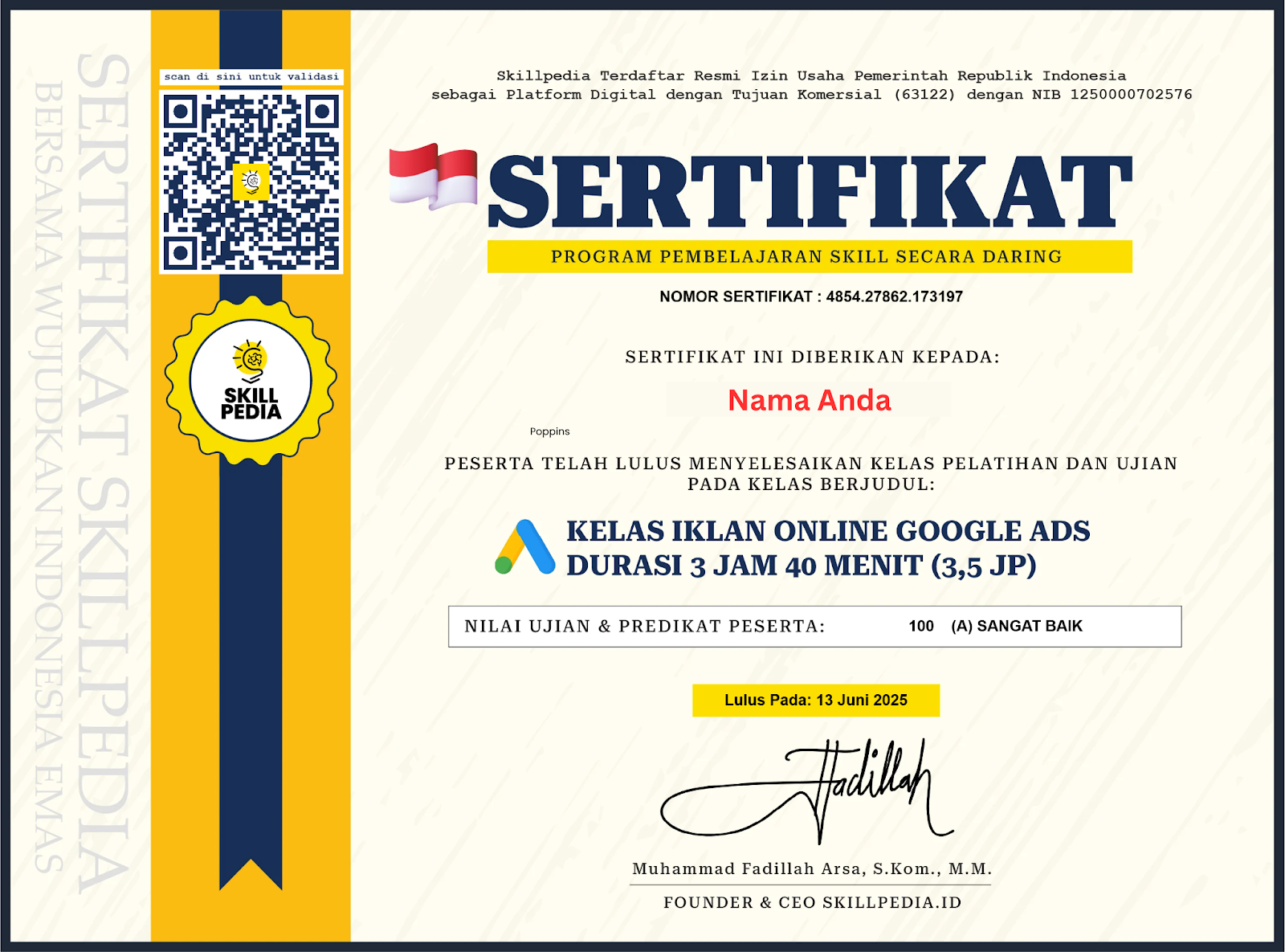 Contoh sertifikat Kelaskill