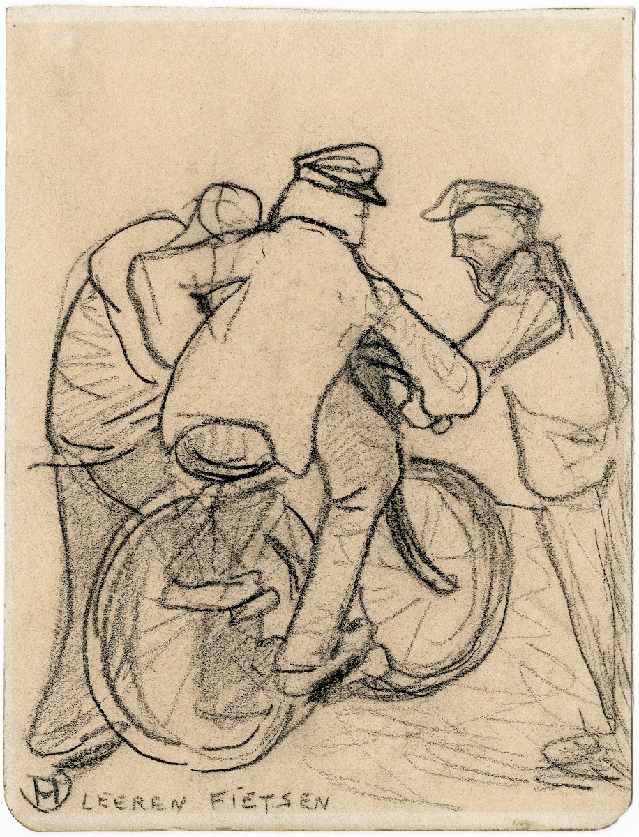 Leren fietsen twee figuren helpen een derde op de fiets