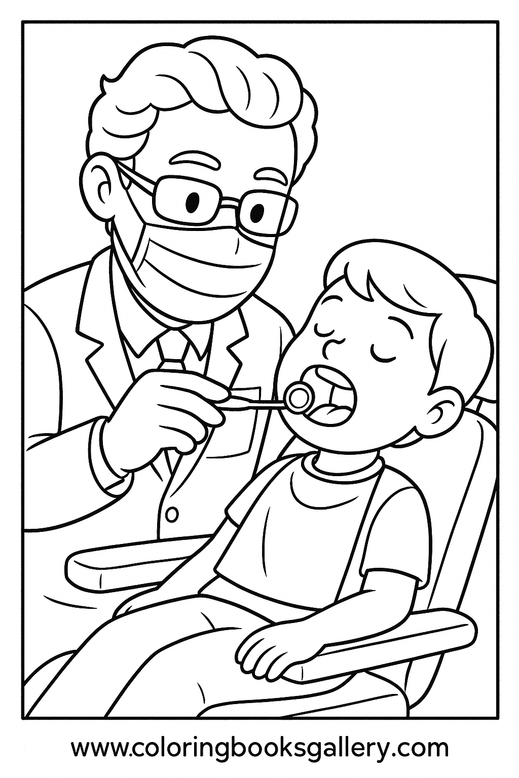 Dentist checking teeth in a chair – Free Printable Coloring Sheet for Kids and Adults – printable coloring page