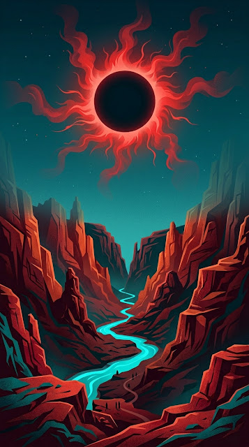 Stylized Illustration of a Cosmic Canyon with a Black Void Sun - Free mobile Wallpaper