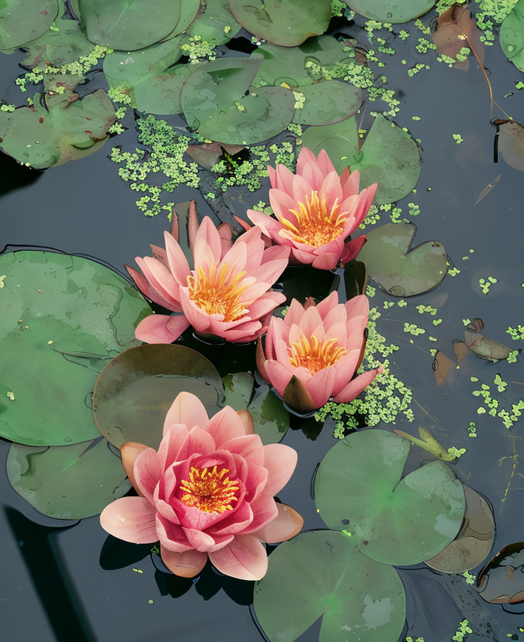 Nymphaea Rustica 'René Gerard' rossa in piena fioritura in un laghetto da giardino