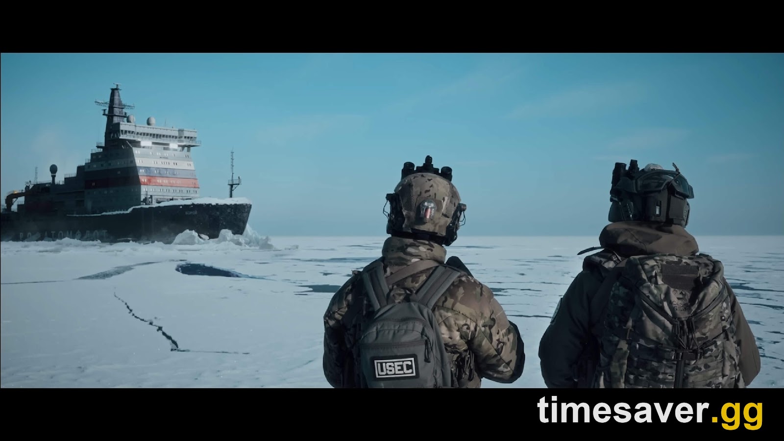 Two USEC PMCs on the frozen Icebreaker map looking toward the docked nuclear icebreaker ship in Escape from Tarkov