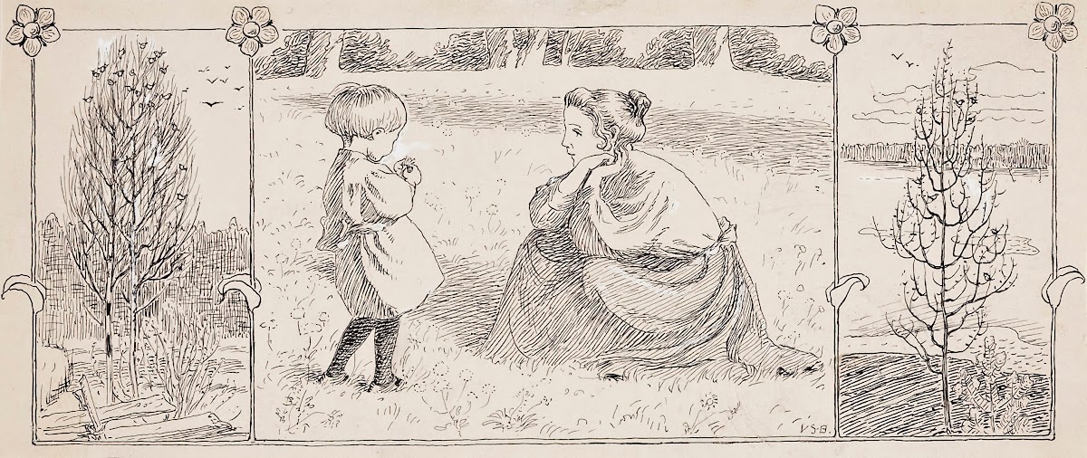 mother and small child in a meadow next to wooden subjects