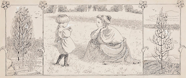 mother and small child in a meadow next to wooden subjects