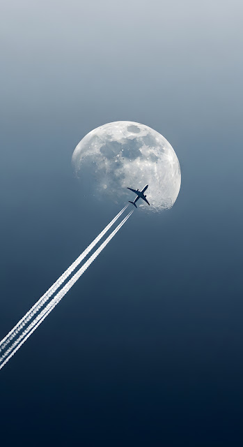 Jet Contrail Streaking Past Full Moon in Twilight Sky - Free mobile Wallpaper