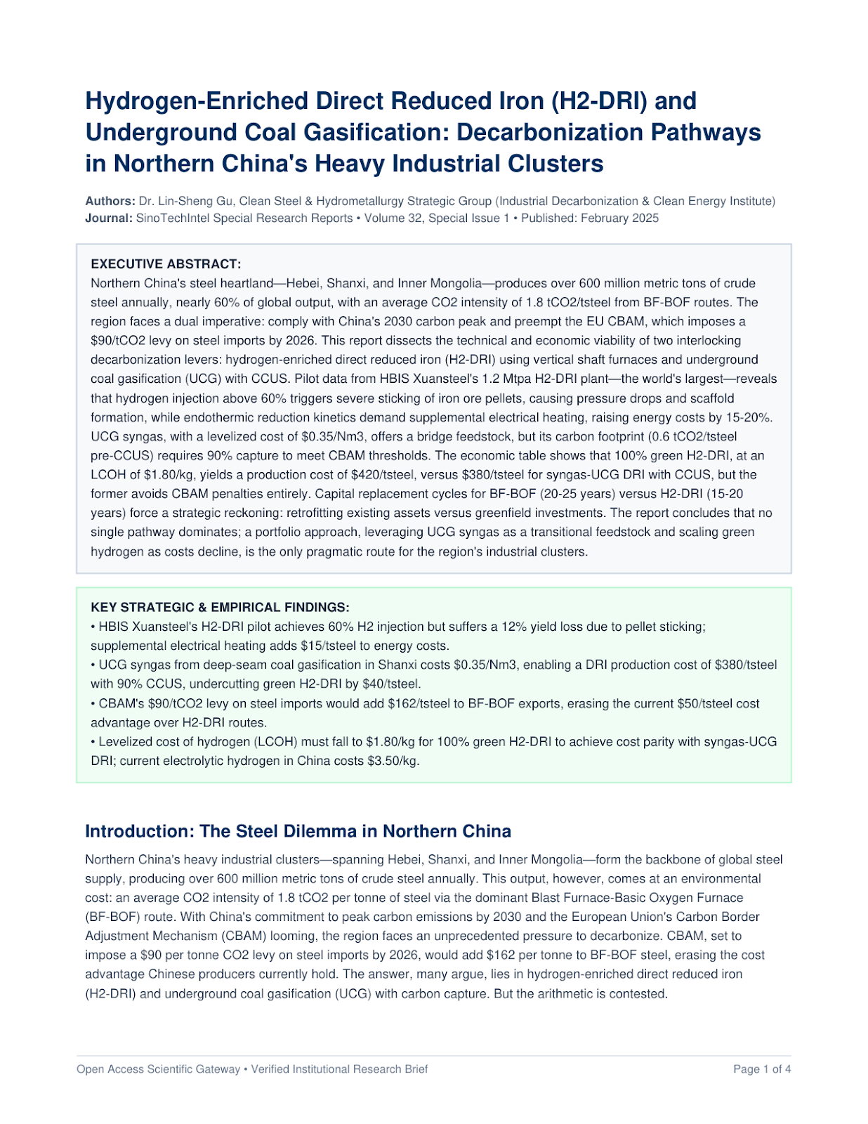 Hydrogen-Enriched Direct Reduced Iron (H2-DRI) and Underground Coal Gasification: Decarbonization Pathways in Northern China's Heavy Industrial Clusters