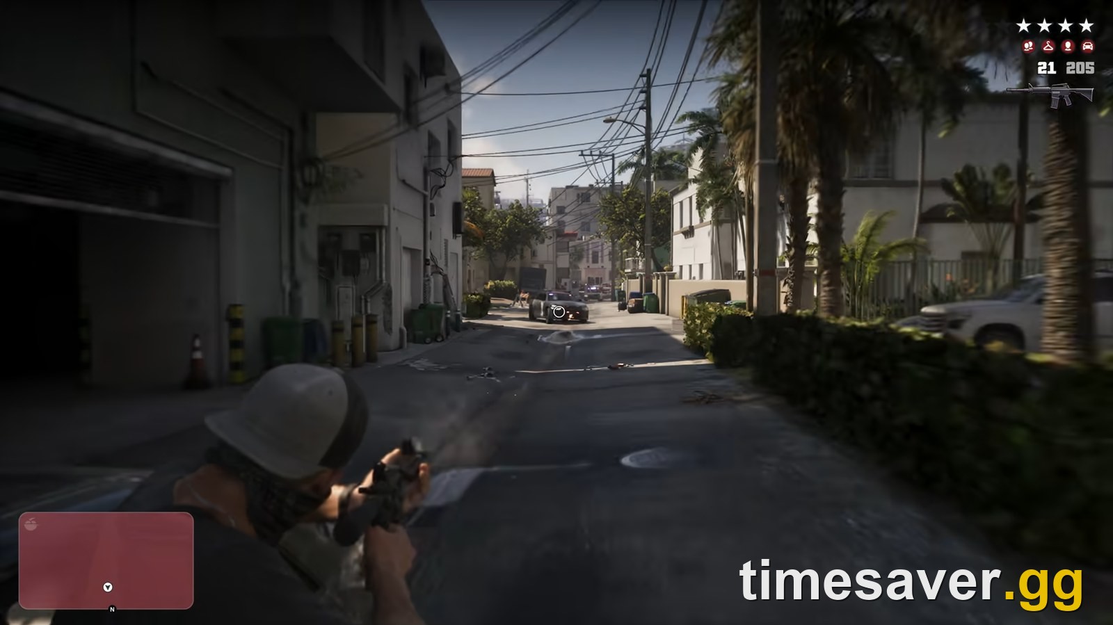 GTA 6 six-star wanted level HUD during an on-foot police shootout escaping through a Vice City alley