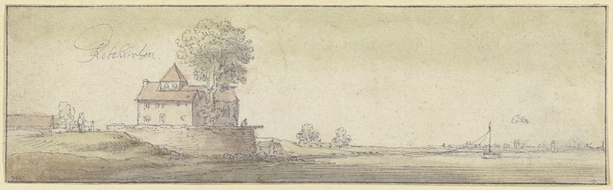 Ein Kirchlein unter einem Baum bei Rodenkirchen am Rhein in der Ferne die Stadts