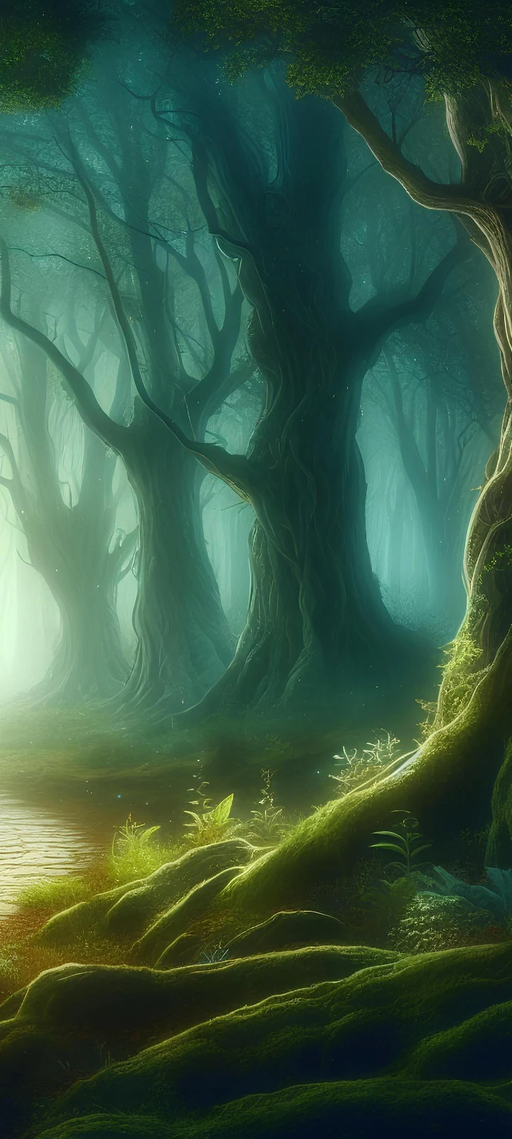 Enchanted Green Mossy Forest - Digital Fantasy Art 2K iPhone Wallpaper (1440x3200)