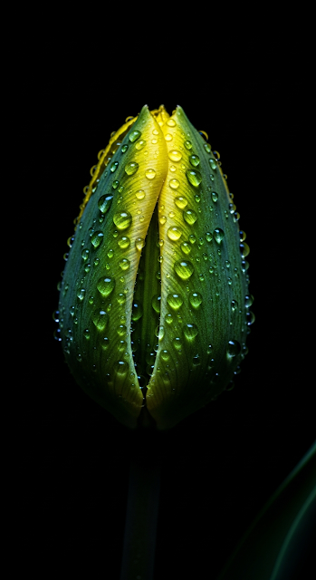 Extreme Macro of a Green and Yellow Tulip Bud with Raindrops on a Dark Background - Free mobile Wallpaper