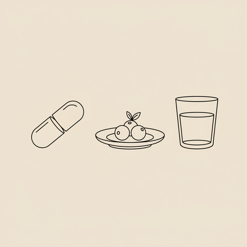 Minimal Tonum-style line illustration of a capsule, small plate of berries and a glass of water on a beige background, visually referencing fat burners and healthy hydration.