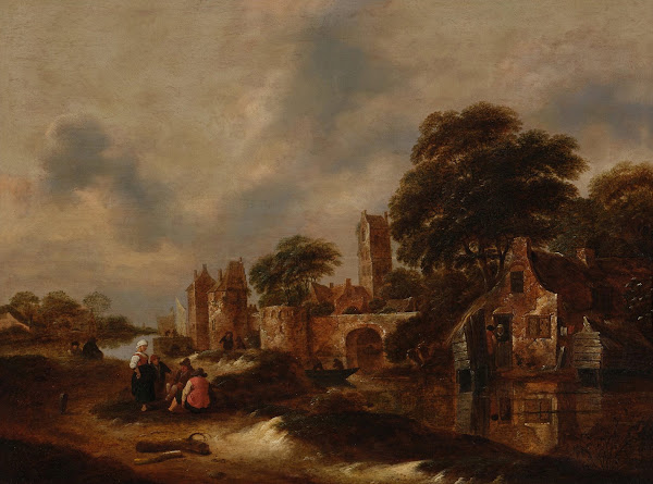 Riverlandscape withvillage wallsand figures conversing in the foreground