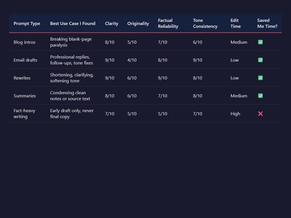 An infographic-style performance summary showing scores for writing quality, speed, accuracy, tone control, and editing effort for an AI writing tool review, sleek and data-driven.