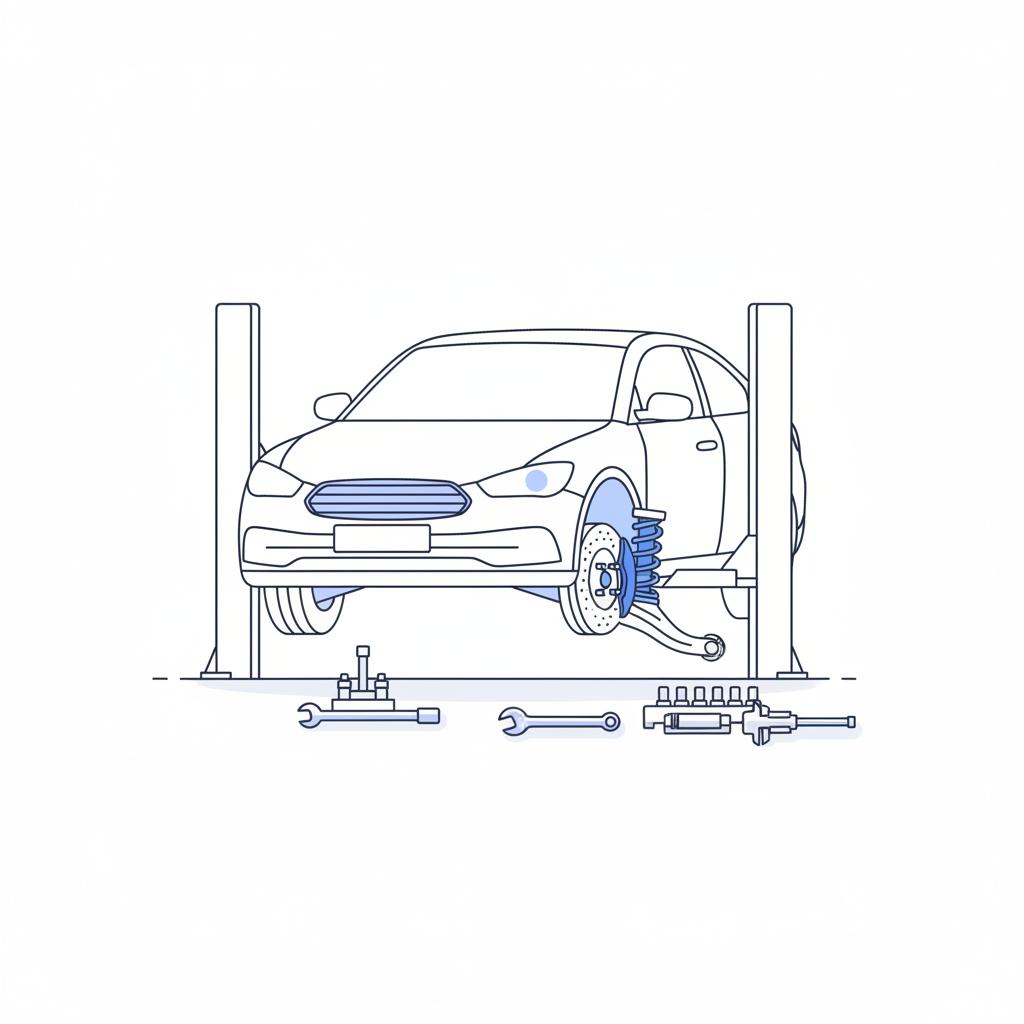 Minimalist vector illustration of a car on a lift showing a wheel removed and exposed suspension components with inspection tools nearby emphasizing inspection not repair infiniti q50 for sale