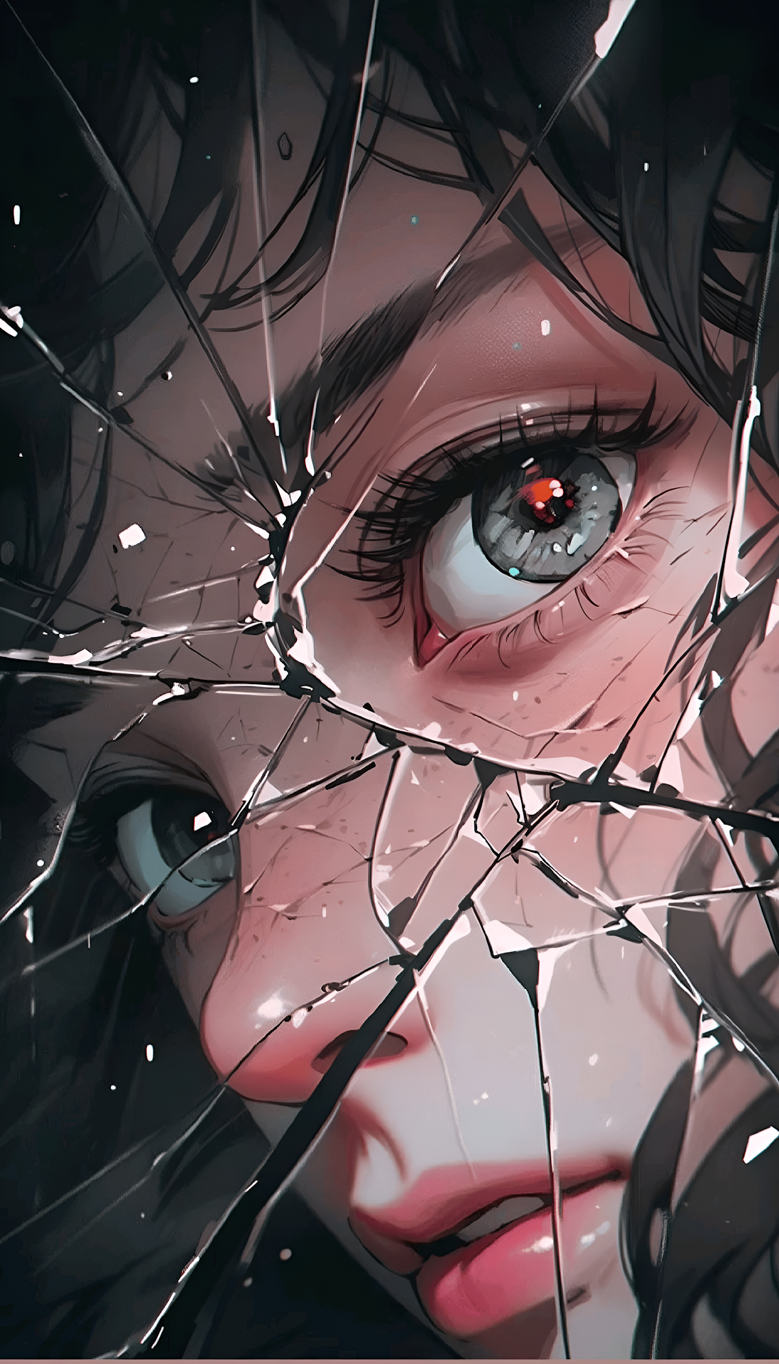 Fractured Face with Intense Eyes Behind Shattered Glass - Free 4K mobile Wallpaper