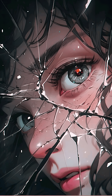 Fractured Face with Intense Eyes Behind Shattered Glass - Free mobile Wallpaper
