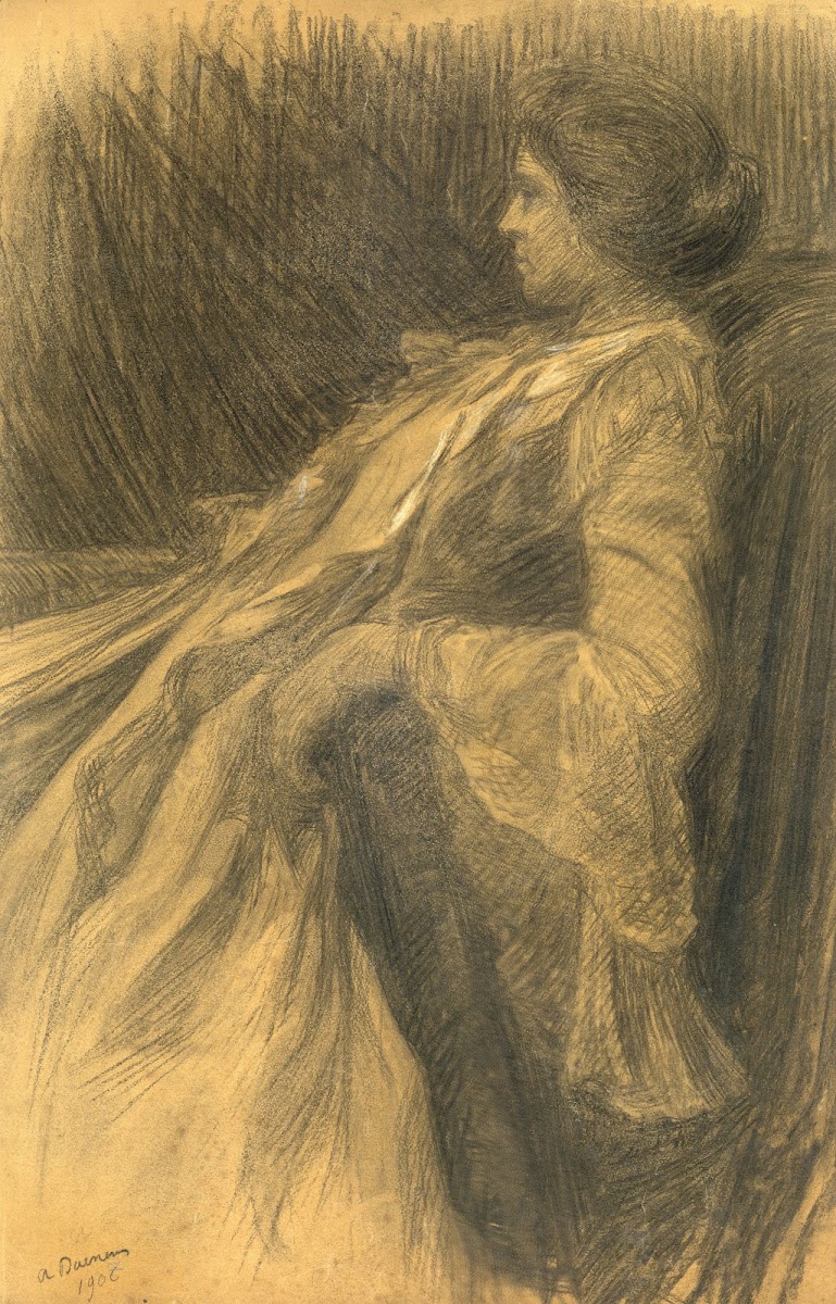 Vrouw achteruitzittend in stoel 1907