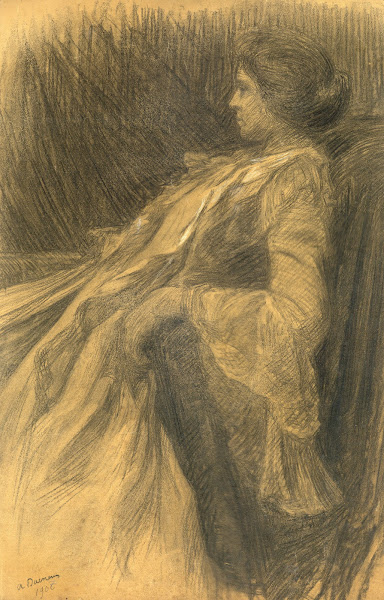 Vrouw achteruitzittend in stoel 1907