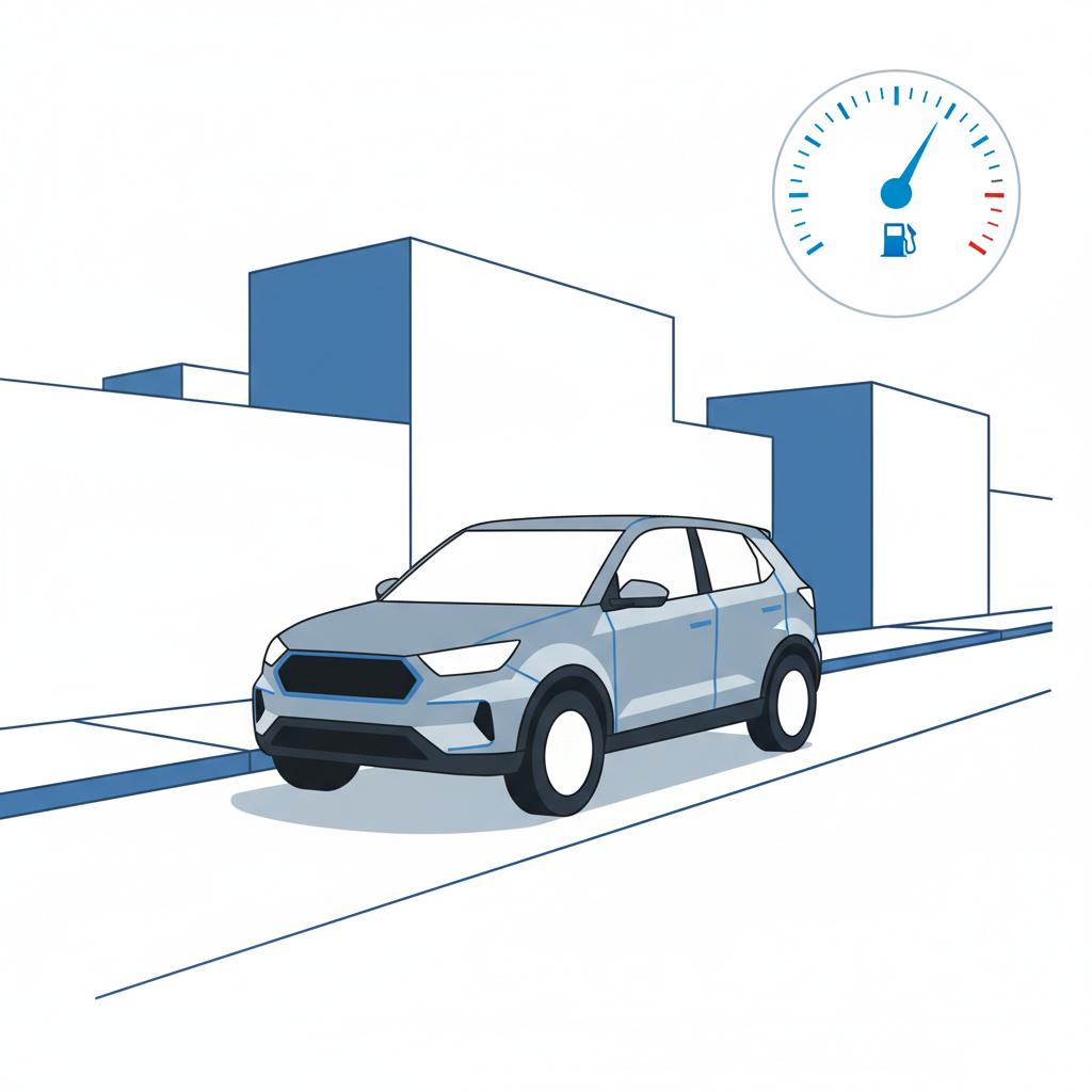 used toyota highlander for sale vector illustration of a compact suv parked on a narrow urban street showing maneuverability with a blue fuel economy gauge overlay on white background