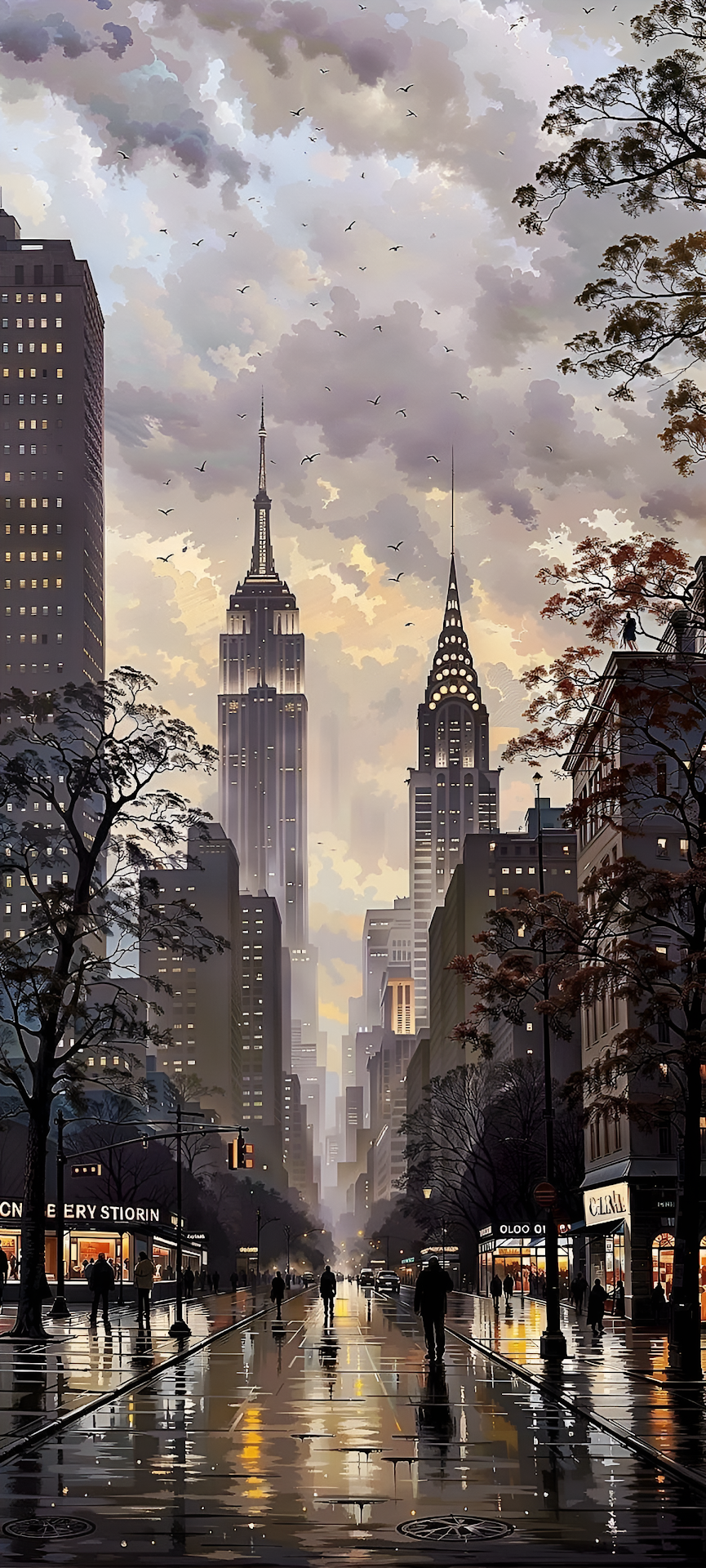 Impressionist New York Street View Empire State Chrysler - Free 4K mobile Wallpaper