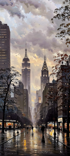 Impressionist New York Street View Empire State Chrysler - Free mobile Wallpaper