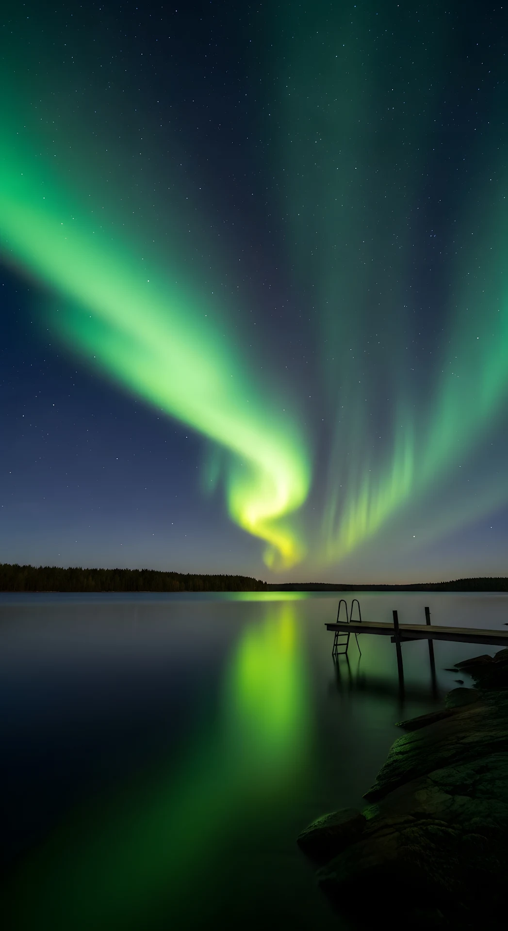 Northern Lights Reflection over Calm Lake Pier - Free 4K mobile Wallpaper
