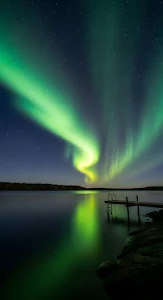 Northern Lights Reflection over Calm Lake Pier