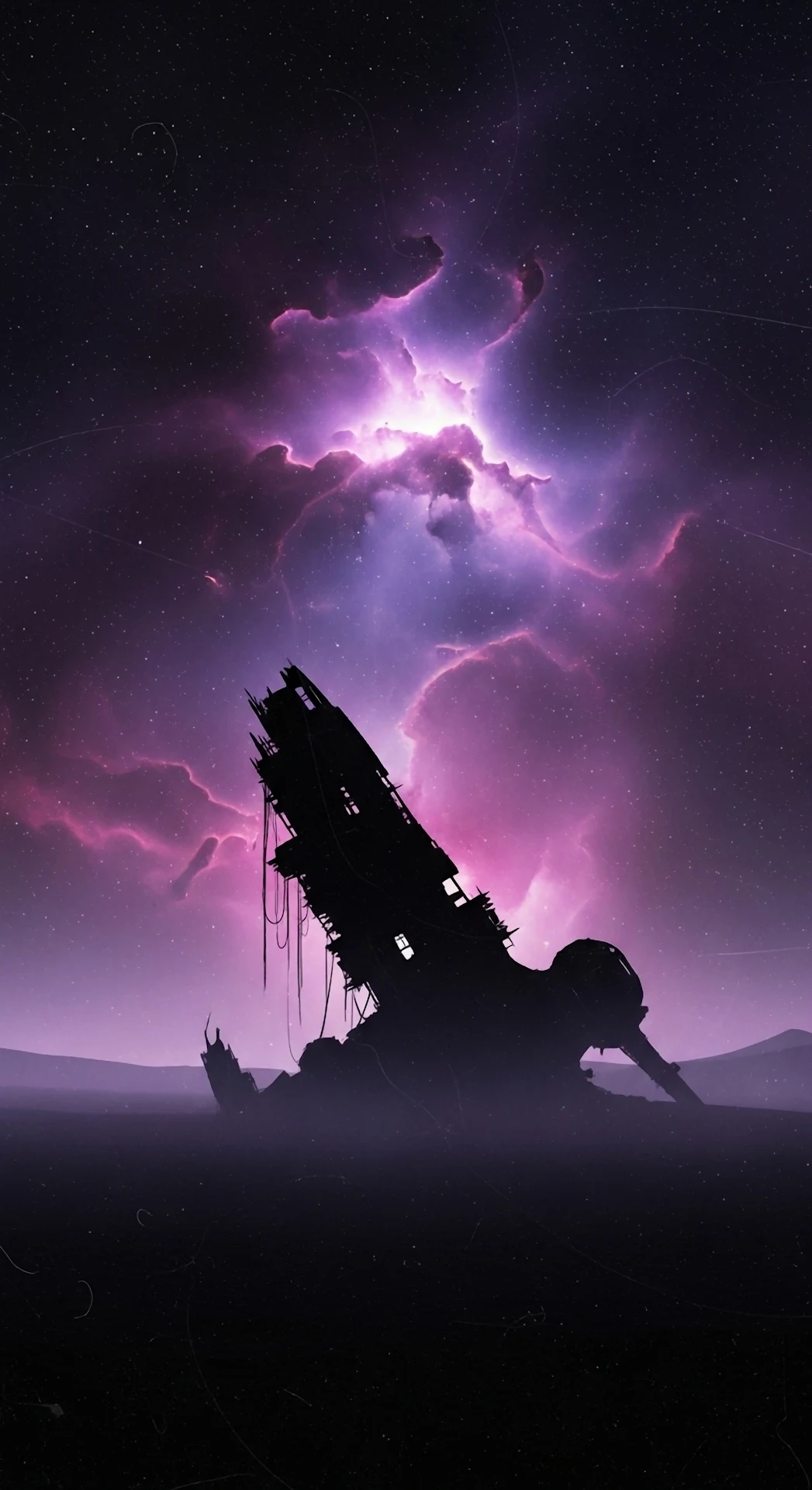Derelict Starship Silhouette Under Purple Cosmic Nebula Sky - Free 4K mobile Wallpaper